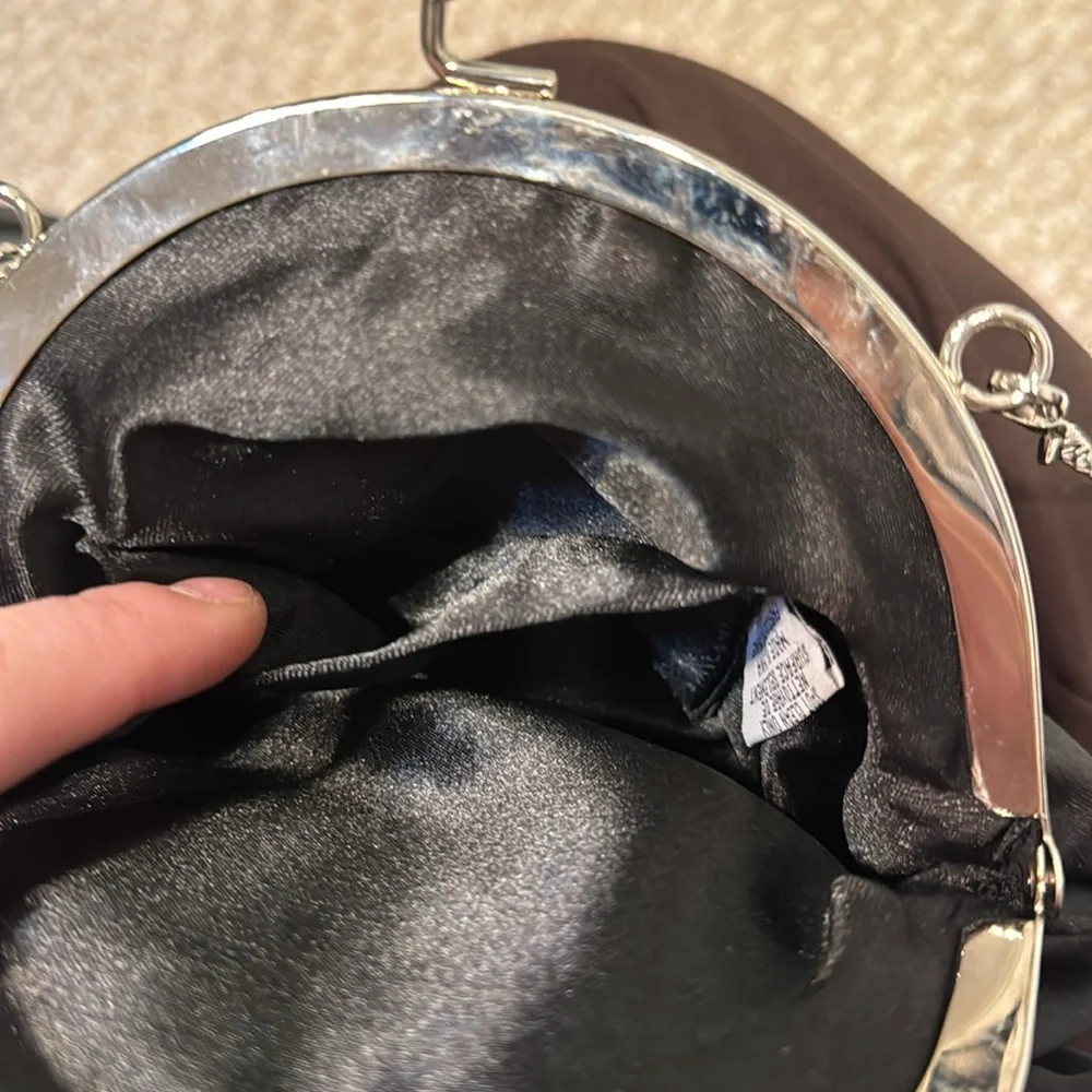 Black satin rosette purse with removable silver chain